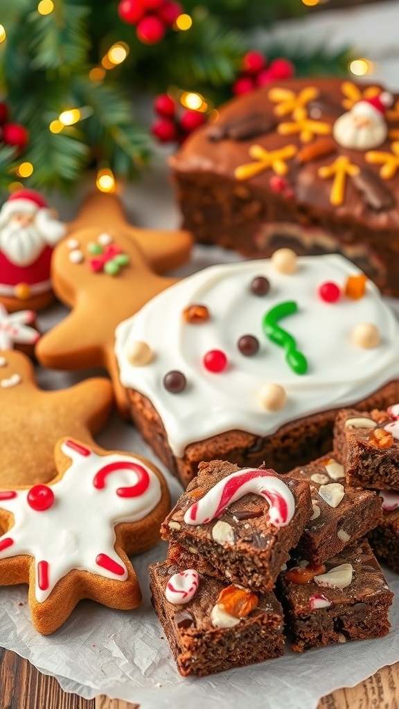 Christmas Baking Essentials A collection of Christmas baked treats including gingerbread cookies, fruitcake, and brownies, set against a festive backdrop.